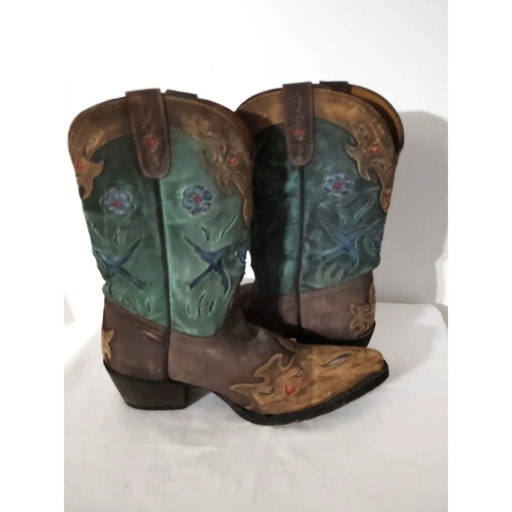 Dan Post Liberty Bird Brown Green Distressed Embroiderd Western Cowboy Boot 5.5Y